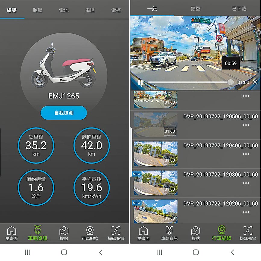 《FUN心騎》APP提供相當完整的車輛資訊（左），行車紀錄器的影片是透過WiFi傳送至手機（右）。（陳大任攝）
