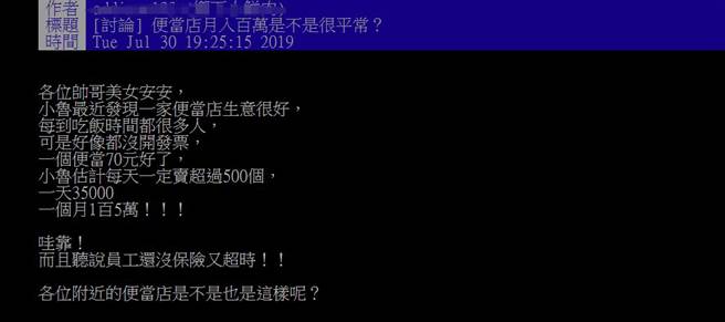 网友对于便当店月收多少感到好奇，此PO文也引发讨论(图翻摄自/ptt)