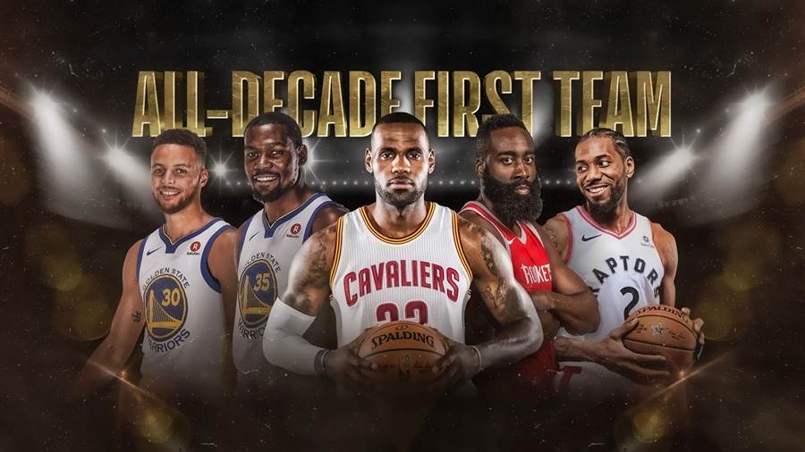 NBA過去十年最佳陣容第一隊由詹姆斯、杜蘭特、柯瑞、里歐納德與哈登領軍。(摘自NBA官網)