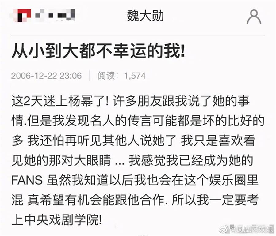 魏大勛過去在部落格坦言迷上楊冪。（圖／翻攝自鳳凰網娛樂微博）