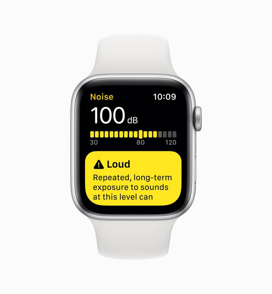 Apple watchOS 6推出了可監測周遭環境的噪音功能，一旦偵測到音量分貝已上升到可能影響聽力的程度，即會發出提醒。（蘋果官網）