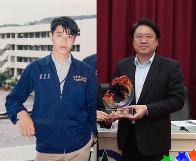 基隆市长林右昌年轻时的旧照(左)与现在(右)对比。(翻摄脸书)
