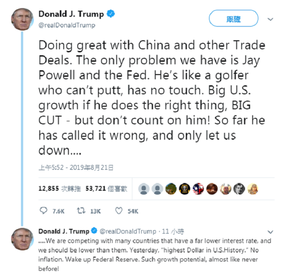 川普近日頻頻砲轟聯準會，21日再度推文呼籲Fed大幅降息。(翻攝川普推特)