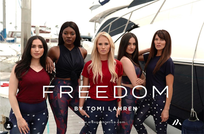 劳伦号召美企把工厂迁回美国生产，但她代言的自由系列爱国服饰还是在中国制造。（图／Alexo Athletica官网）