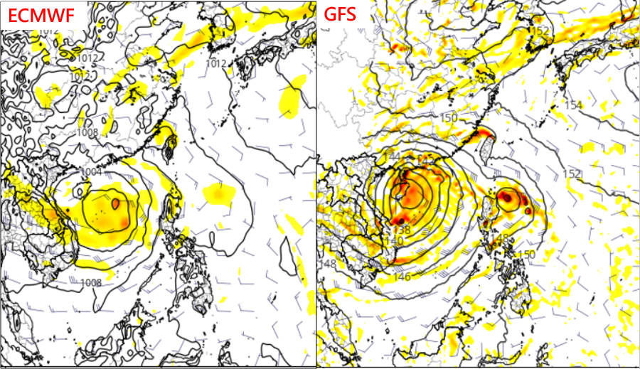 最新歐洲模式(ECMWF左圖)、美國模式(GFS右圖)模擬，下周二南海有熱帶擾動發展；美國模式(GFS)模擬則另有一擾動在呂宋島東北方。(圖擷自tropical tidbits)

