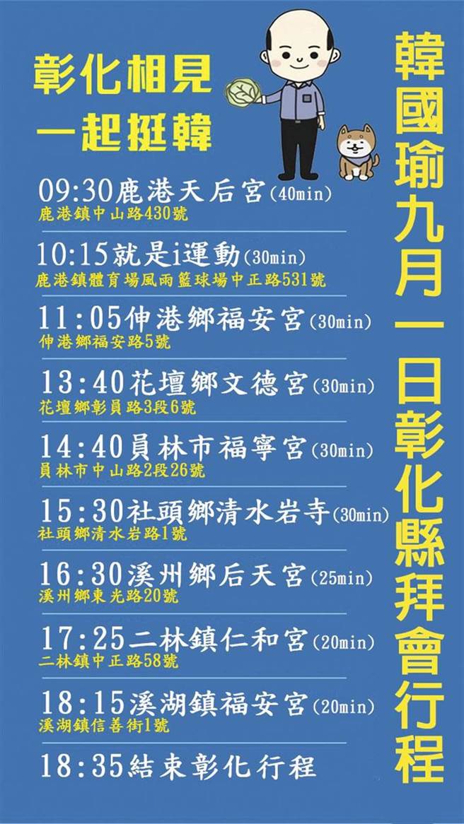 韩国瑜9月1日彰化拜庙行程，该图行程仅供参考，实际行程视天气、拜庙动线可能有变化，请以当天现场为准。(图/韩粉制，吴敏菁翻摄)