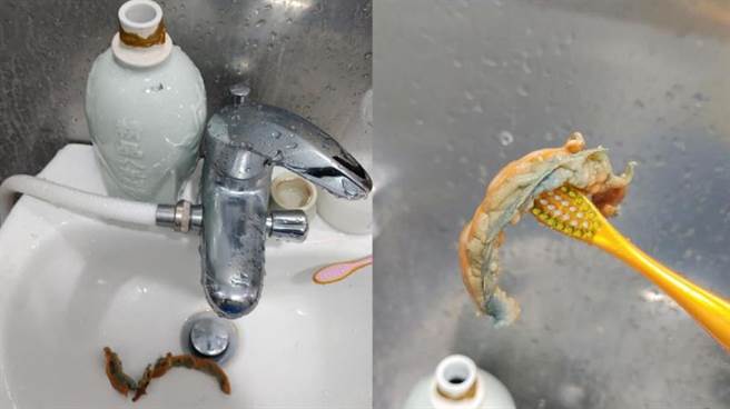 酒发臭后，竟倒出像是肚脐或粉肠的异物(图翻摄自/爆废公社)