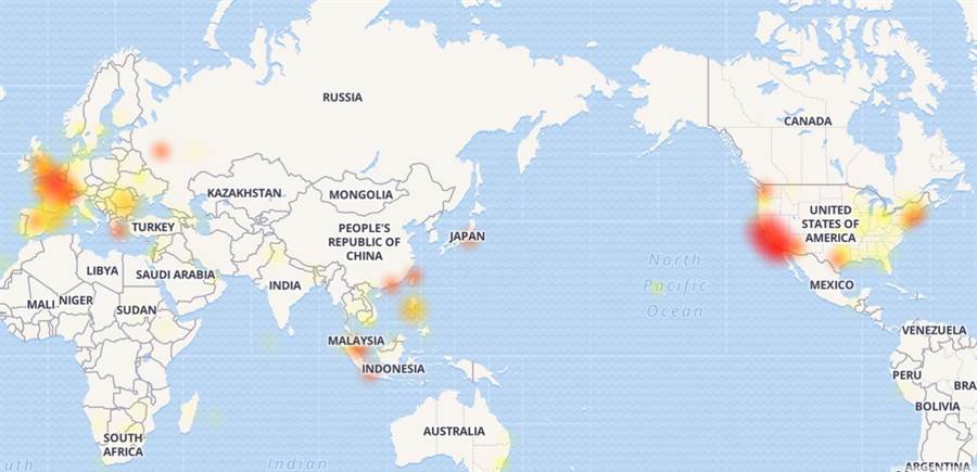 Yahoo當機的全球影響地圖。(圖/downdetector)
