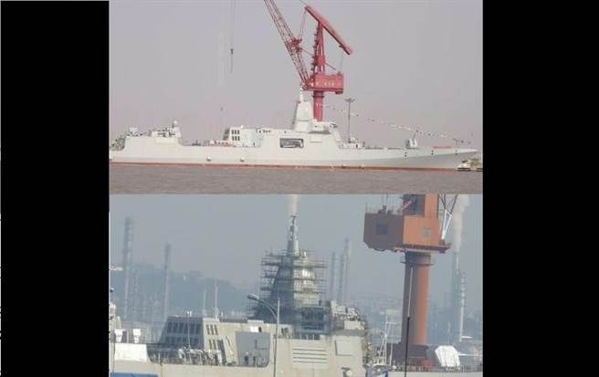 网上流传舾装中的055大型驱逐舰图片。（图／新浪微博@海边漫步、@王牌武器库）