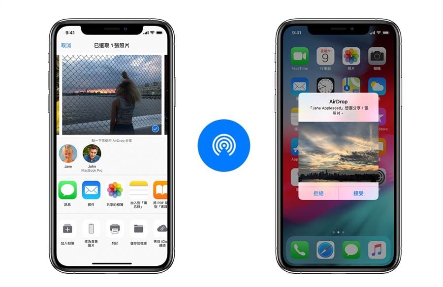 AirDrop 在全新 U1 晶片的加入後，將能在 iPhone 11 系列中發揮更精準的傳送與定位能力。(摘自蘋果官網、黃慧雯製)