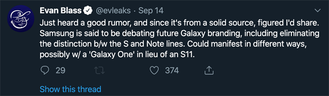 爆料达人Evan Blass指出三星正在讨论Galaxy 品牌重新定位的问题（part 1）。（摘自Twitter）
