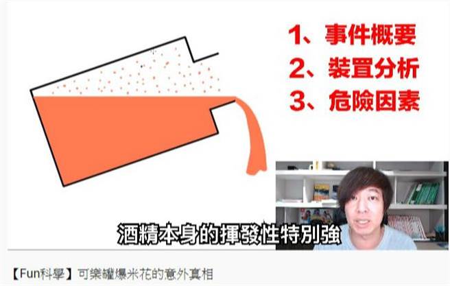 由于酒精溢于挥发的特性，当酒精不慎洒出时，瓶内的气体外泄，触碰到未熄灭的火源时，会在当下「喷发」产生大火，这也可称为气爆。（摘自YouTube佑来了）