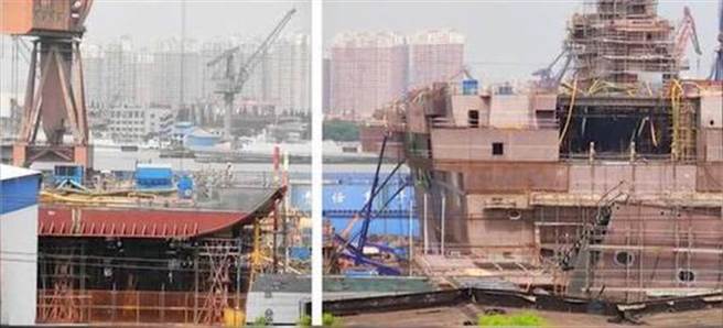 同样在上海沪日造船厂建造的大陆075两栖攻击舰的2号舰进度较慢，主体尚未合拢。（图／新浪军事）