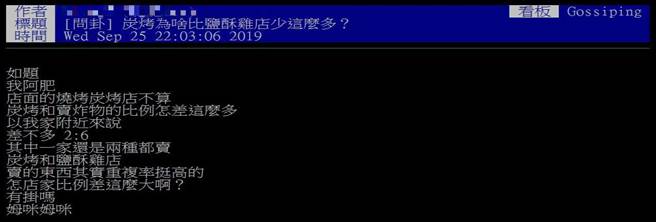 有网友发现，卖炭烤的店家远远不如卖盐酥鸡的店家，表示「明明卖的东西差不多，为何开盐酥鸡店、炭烤店的比例差那么多」？（摘自PTT）