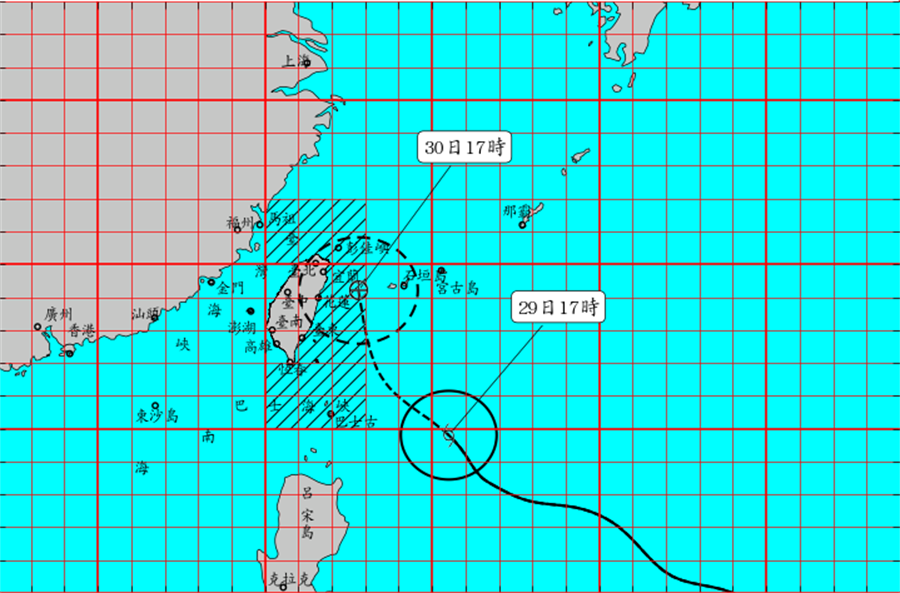 明天放颱風假？北北基今晚10點前宣布。圖為米塔颱風預測路徑。（圖/氣象局）