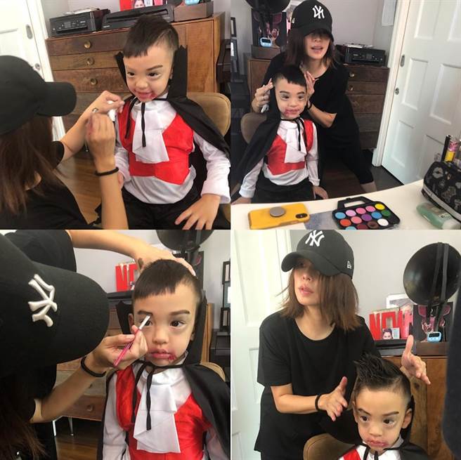 徐若瑄为儿子打点派对妆容。（图／FB@徐若瑄 Vivian Hsu）