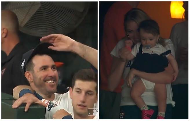 韦蓝德投出7局无失分，下场后找妻女露出宠溺笑容。（截自MLB CUT4／邓心瑜传真）