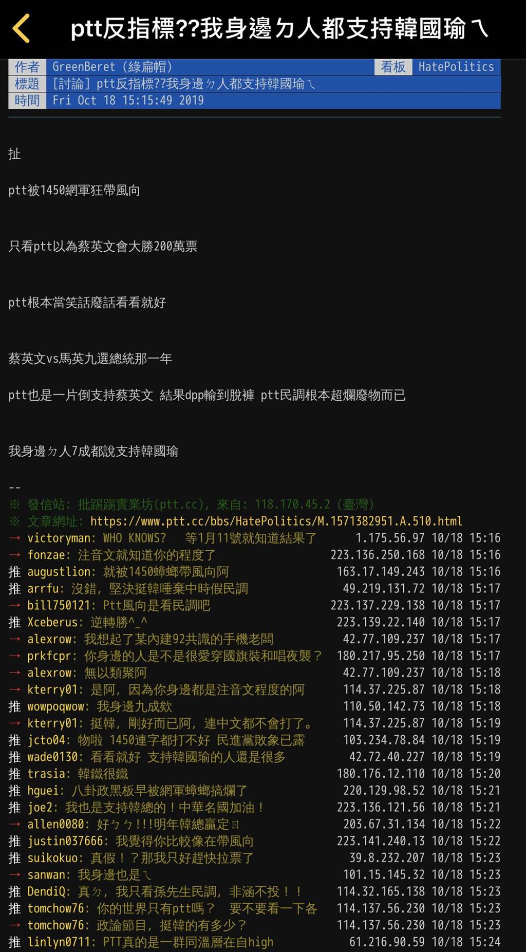 Ptt反指標 網友 身邊人都投韓 政治 中時新聞網