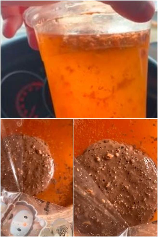 原po将封膜撕开后惊见，原本的奶茶色的饮料变成了略透明的酸梅汤模样，液体上还有奇怪的浓稠物漂浮物。（图/翻摄自爆废公社）
