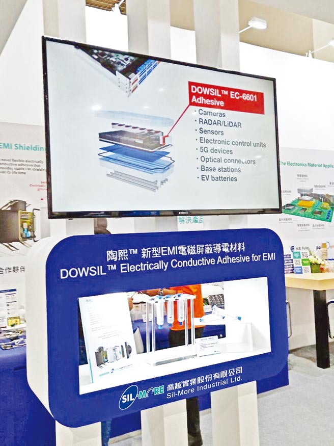 「2019台灣電路板產業國際展覽會」喬越在攤位上展示陶氏化學品牌DOWSIL（陶熙）EC-6601有機矽導電膠。圖／業者提供
