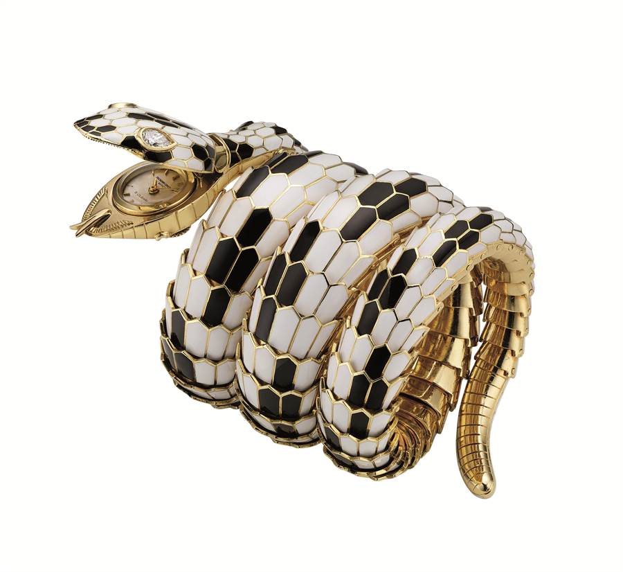 寶格麗1965年Heritage典藏系列Serpenti黃K金與黑白琺瑯腕表。（BVLGARI提供）