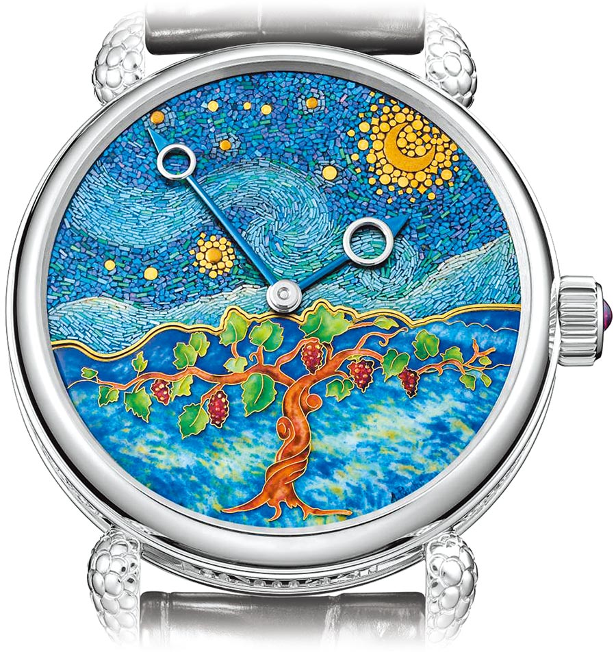獨立製表師Kari Voutilainen結合日本漆器工藝和西方的馬賽克工藝打造Starry Night Vine腕表，奪得「最佳藝術工藝獎」。（Voutilainen提供）