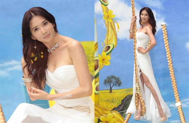 林志玲以希腊女神造型替美髮产品站台，上露事业线，下露长腿。（图／达志影像）