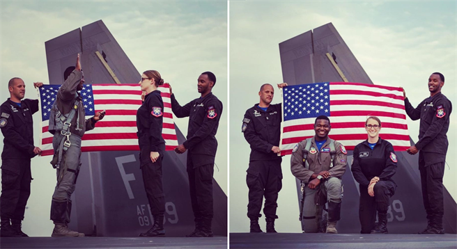 杜拜航展上數名美軍地勤人員穿軍靴直接踩上F-22戰機機身，還在機身上進行宣誓儀式，讓外界極為訝異。（圖／環球網）