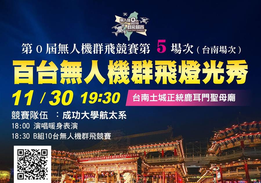 南科無人機群飛競賽壓軸表演將於30日晚上在台南土城正統鹿耳門聖母廟登場。（南科管理局提供／劉秀芬台南傳真）