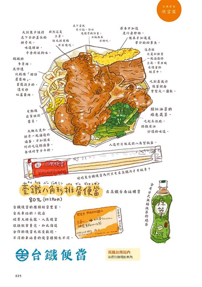 日本美食插畫家山崎達也研究鐵路便當，包括台鐵八角排骨便當、養生素食燉飯和奮起湖便當，從排骨、豆皮分析到滷蛋、蘿蔔絲等菜色。（角川提供／本報資料照片）