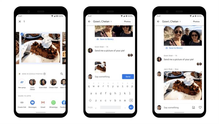 Google Photos 加入即時通訊功能，分享照片在應用程式內即刻完成，並且可以相互對話。(摘自Googel Blog)