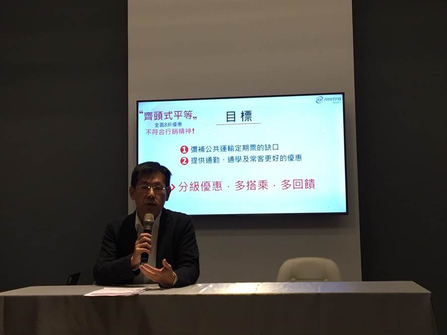 臺北捷運公司企劃處長吳俊佑今說明票價調整方案。（張薷攝）