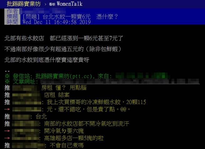 有民眾注意到北部店家卖的水饺一颗已涨到6、7元，但南部涨价状况不常见，好奇凭什么卖那么贵。(图/ 摘自《批踢踢实业坊》)