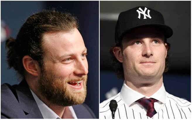 王牌投手寇尔前两个月还是落腮鬍的形象，在洋基加盟记者会上已剃乾净。（美联社资料照、路透）