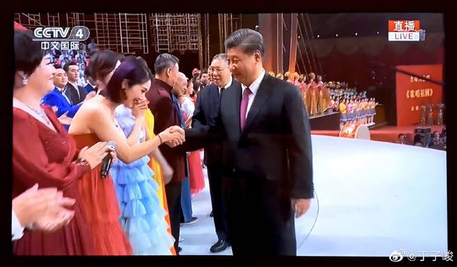 楊千嬅與大陸國家主席習近平握手。(取自丁子峻微博)