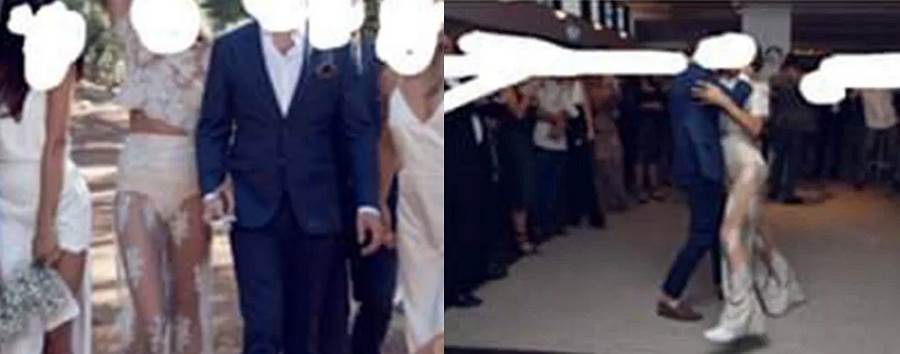 新娘穿了一襲蕾絲透視款白紗，婚紗的設計臀部剛好呈現一包白色，遭批穿阿嬤內褲。(圖/ 摘自《Reddit》)