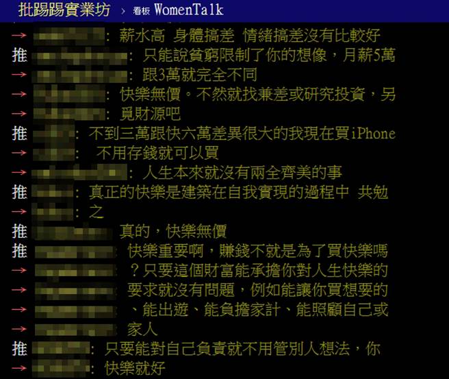 网友看法不一，但不少人认同原PO看法，支持「快乐无价」。(图/ 摘自《批踢踢实业坊》)