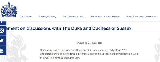 白金汉宫8日也针对哈利梅根的宣言发布简短回应。（图／撷取自英国王室官网）