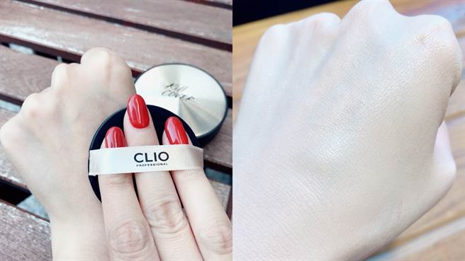 CLIO珂莉奥珍珠光安瓶气垫粉饼轻拍上妆后会呈现珍珠般的动人光泽，同时能修饰毛孔，展现优雅的水润柔光。（图／邱映慈摄影）
