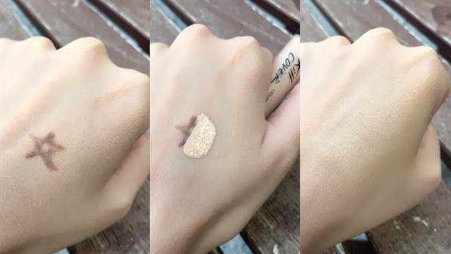 使用无瑕美肌雾感遮瑕笔遮盖手背上用眼线笔画出的星号，遮盖后和底下的底妆自然融合。（图／邱映慈摄影）

