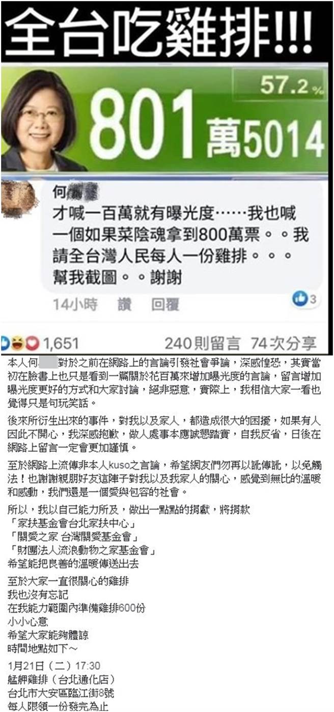 上圖：何姓網友選前在臉書發下豪語，如果「菜陰魂」拿到800萬票，就請全台灣人吃雞排。(圖/截自臉書)下圖：何男沉默多日後，今發臉書表示，答應大家1月21日將會在台北發放600份雞排。(圖/截自臉書)