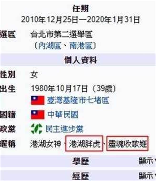 高嘉瑜在維基百科的綽號，被kuso多加了「港湖胖虎」、「靈魂收歌姬」。（圖／翻攝自維基百科）