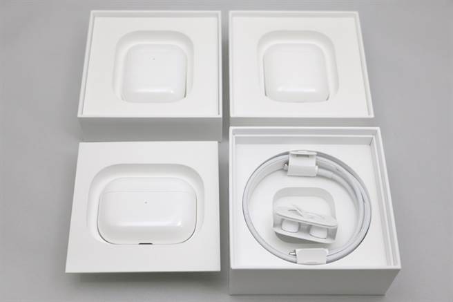 AirPods Pro(前)与第二代(左上)、第一代AirPods。(黄慧雯摄) 