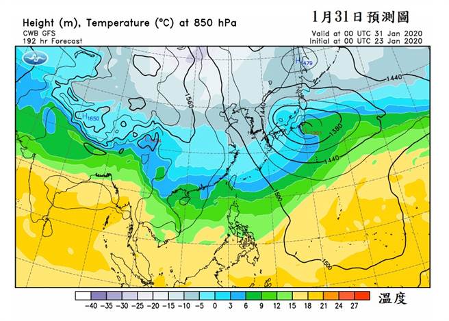 圖為1/31溫度預測圖，顯示冷空氣漸漸往東亞移動。（翻攝自 鄭明典臉書）
