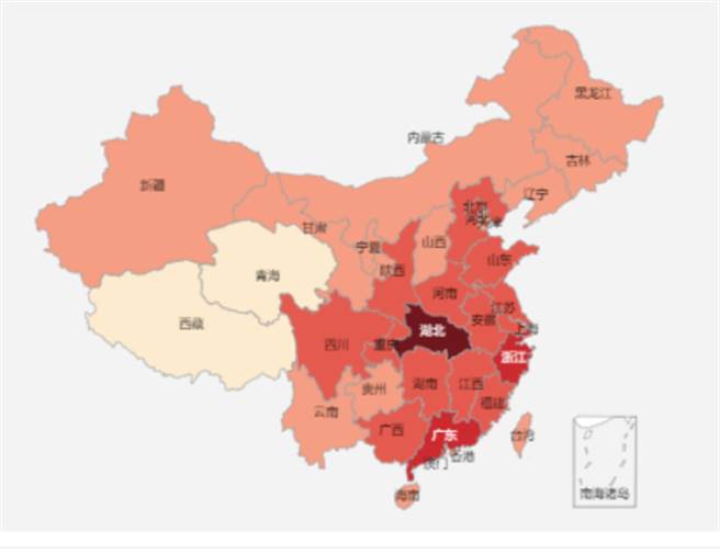 中国大陆武汉肺炎疫情感染图。(图/取自疫情统计网站，丁香园)