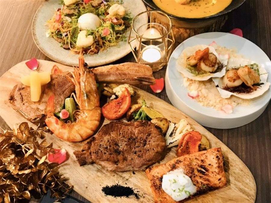 華山町餐酒館推出情人節套餐 ，海陸饗宴搭配特色愛戀調酒。（天成提供）