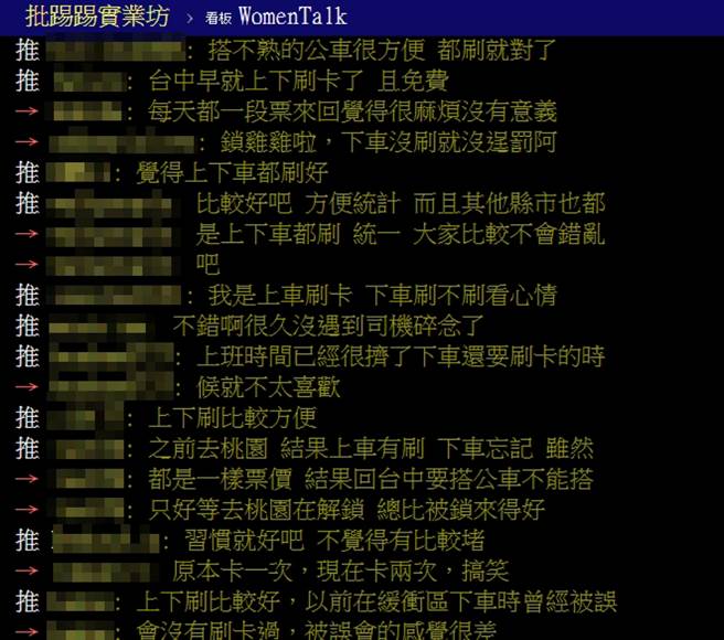 许多人对于搭公车上下车都要刷卡有各种看法。(图/ 摘自《批踢踢实业坊》)