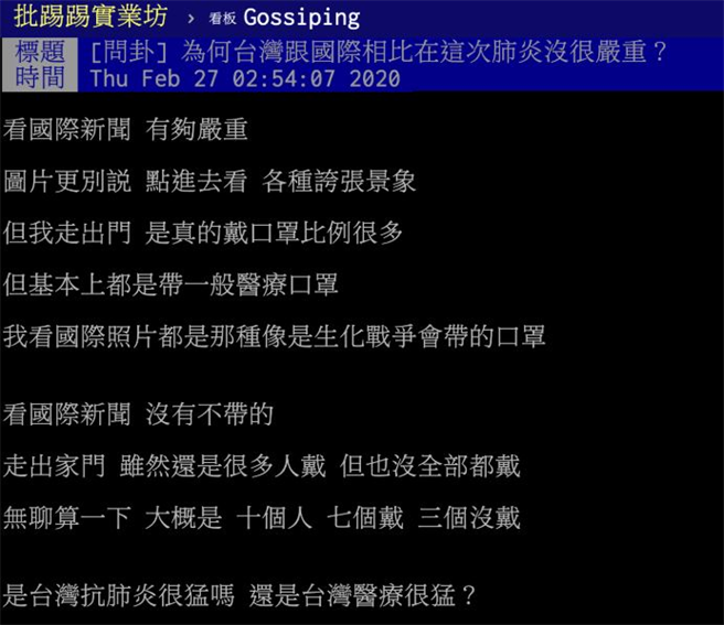 有网友询问，为何台湾和国际疫情相比较不严重？(图/截自PTT)