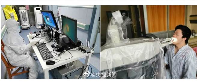 咽拭子是目前诊断新冠病毒感染主要採样方法，机器人以远端方式，轻柔、快速地完成咽部组织採样任务。（图／央视新闻）