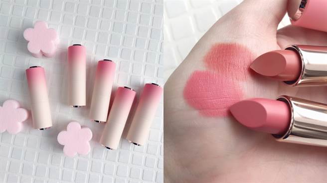 微热樱花系列玩美色计唇膏NT.420元，右图为BE120碳焙樱花、BE105粉土砖石手部试色。（图／邱映慈摄影）
